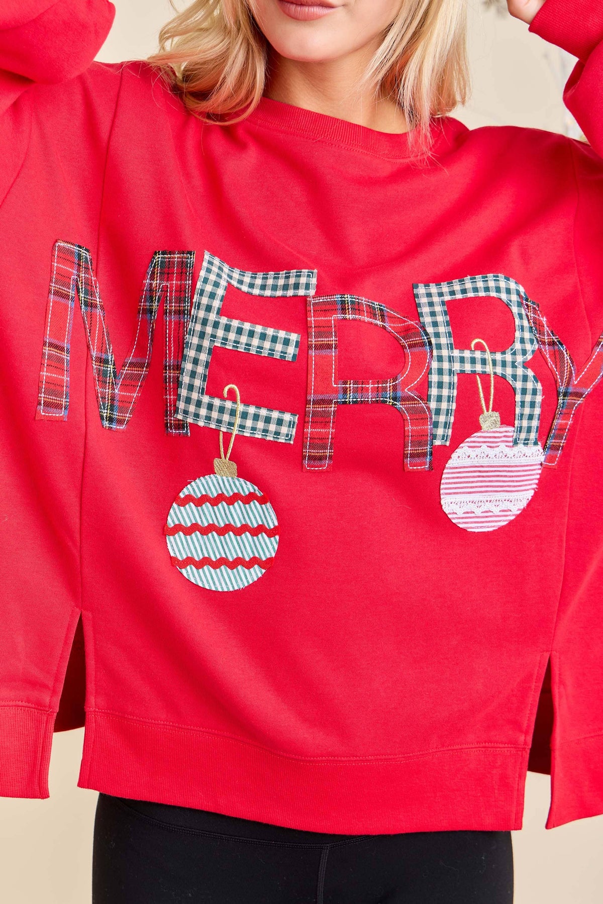 Main Strip - Merry With Ornament Patchwork Oversized Long Sleeve Top