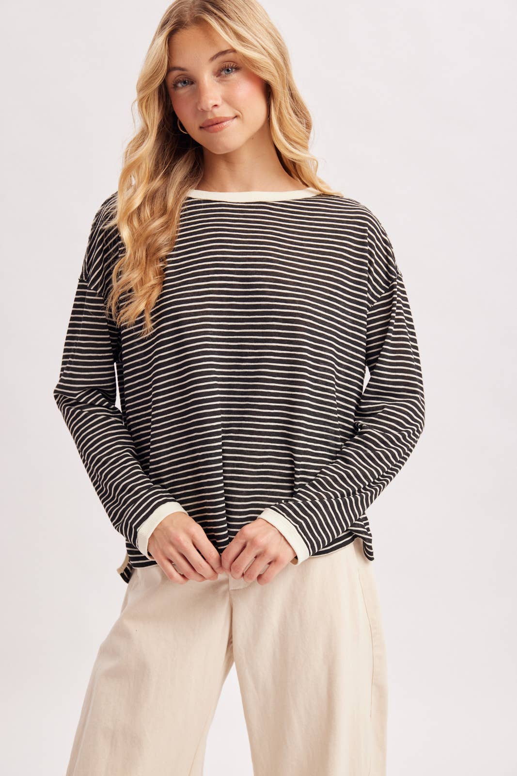 OVERSIZED BOXY STRIPED KNIT LONG SLEEVE TOP
