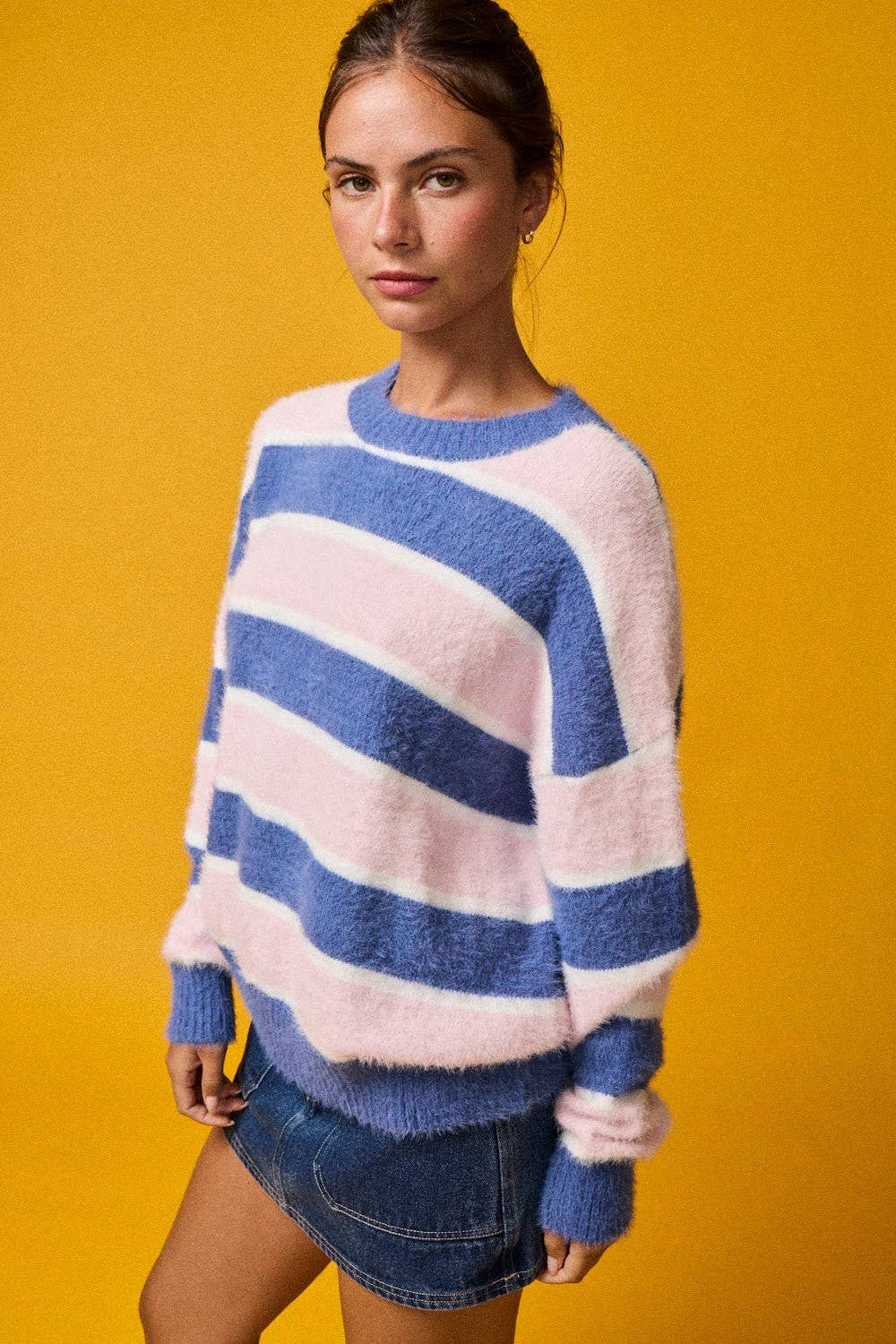 PT19021 - Loose Fit Striped Fuzzy Knit Sweater Top