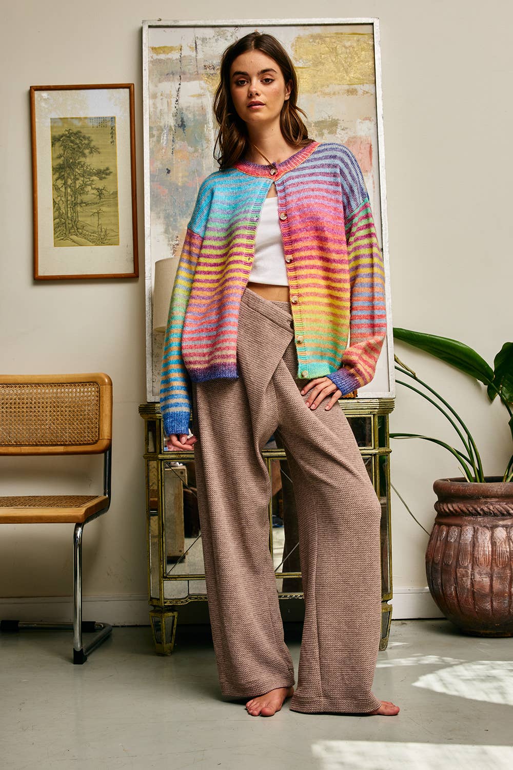 BUCKETLIST INC - IT3002 Space-Dye Striped Button-Down Cardigan