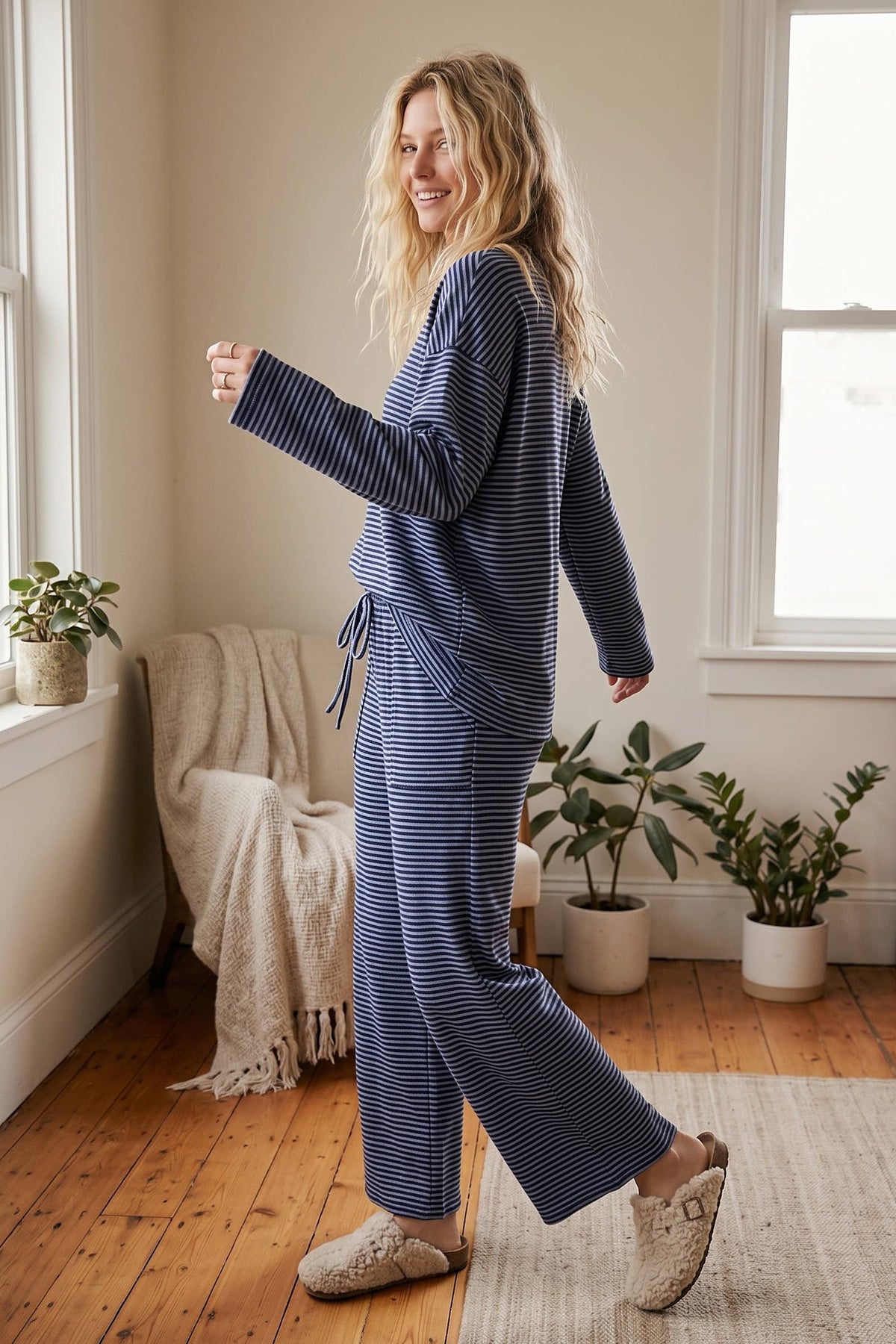 Striped Relaxed Top & Wide Leg Pants Knit Set