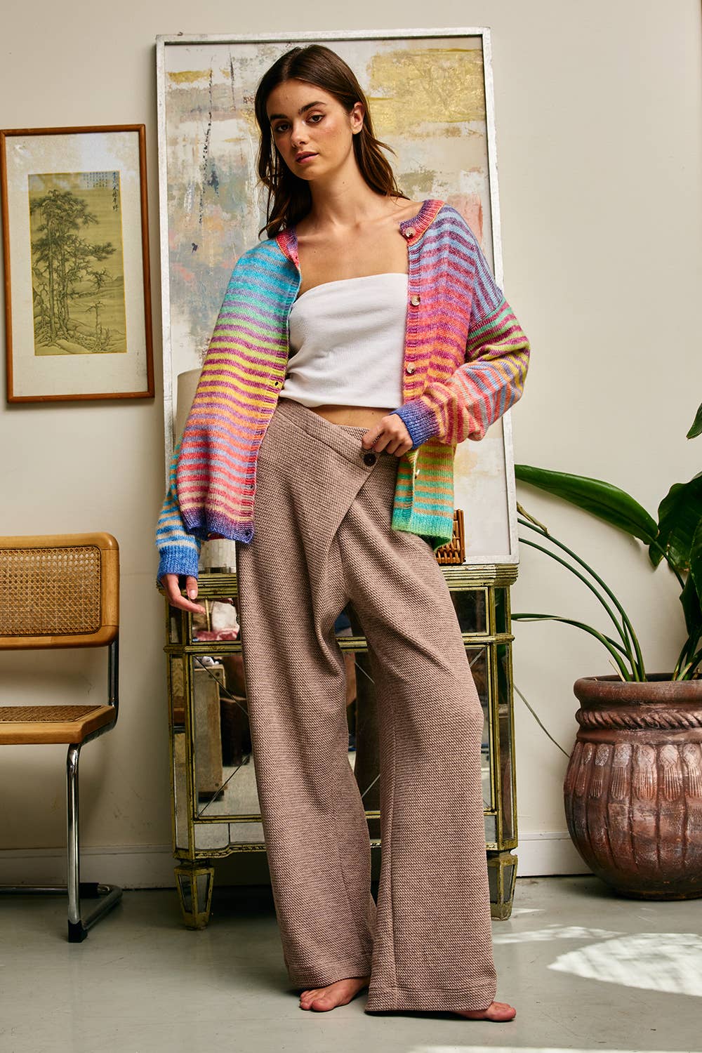 BUCKETLIST INC - IT3002 Space-Dye Striped Button-Down Cardigan
