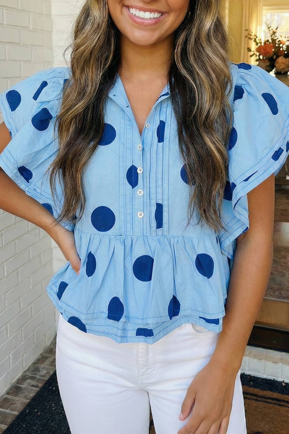 Blue Polka Dot Print Ruffled top