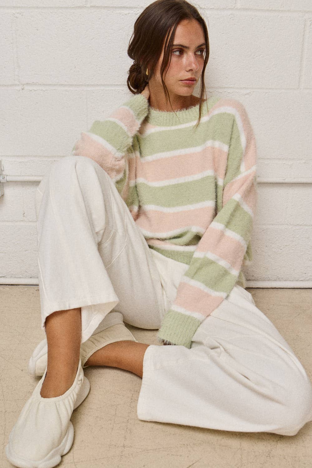 PT19021 - Loose Fit Striped Fuzzy Knit Sweater Top
