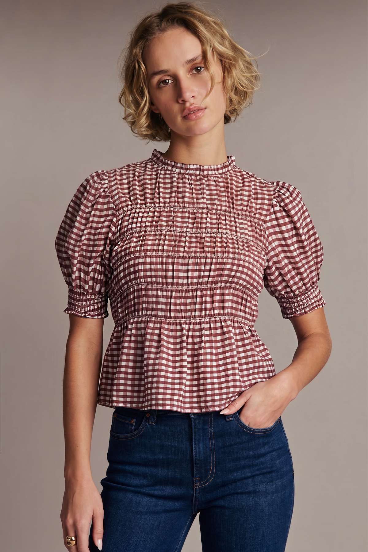 Glam - Plaid Smocked Puff Sleeve Shirt