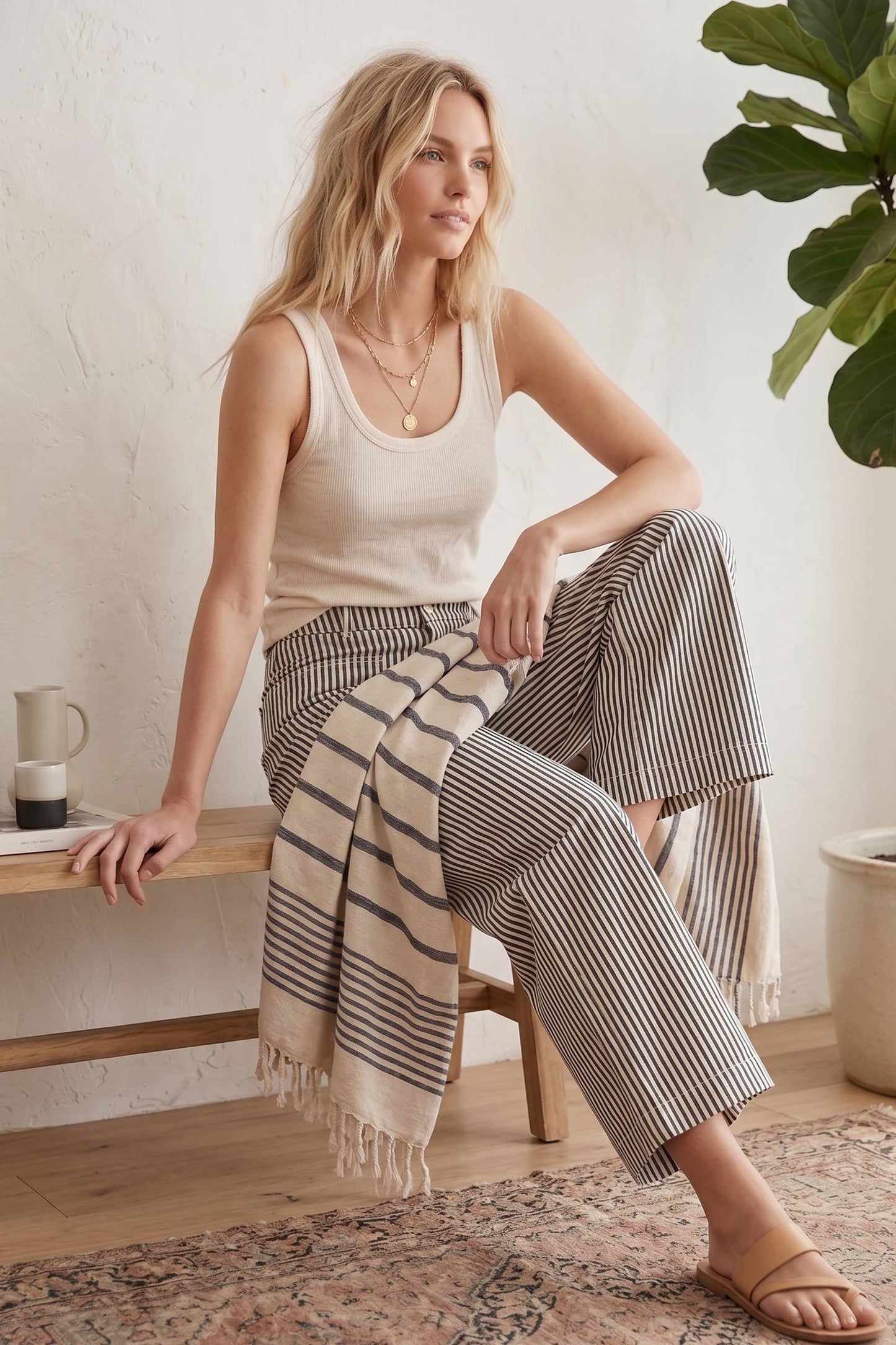 Striped Non Stretch Wide Leg Casual Pants