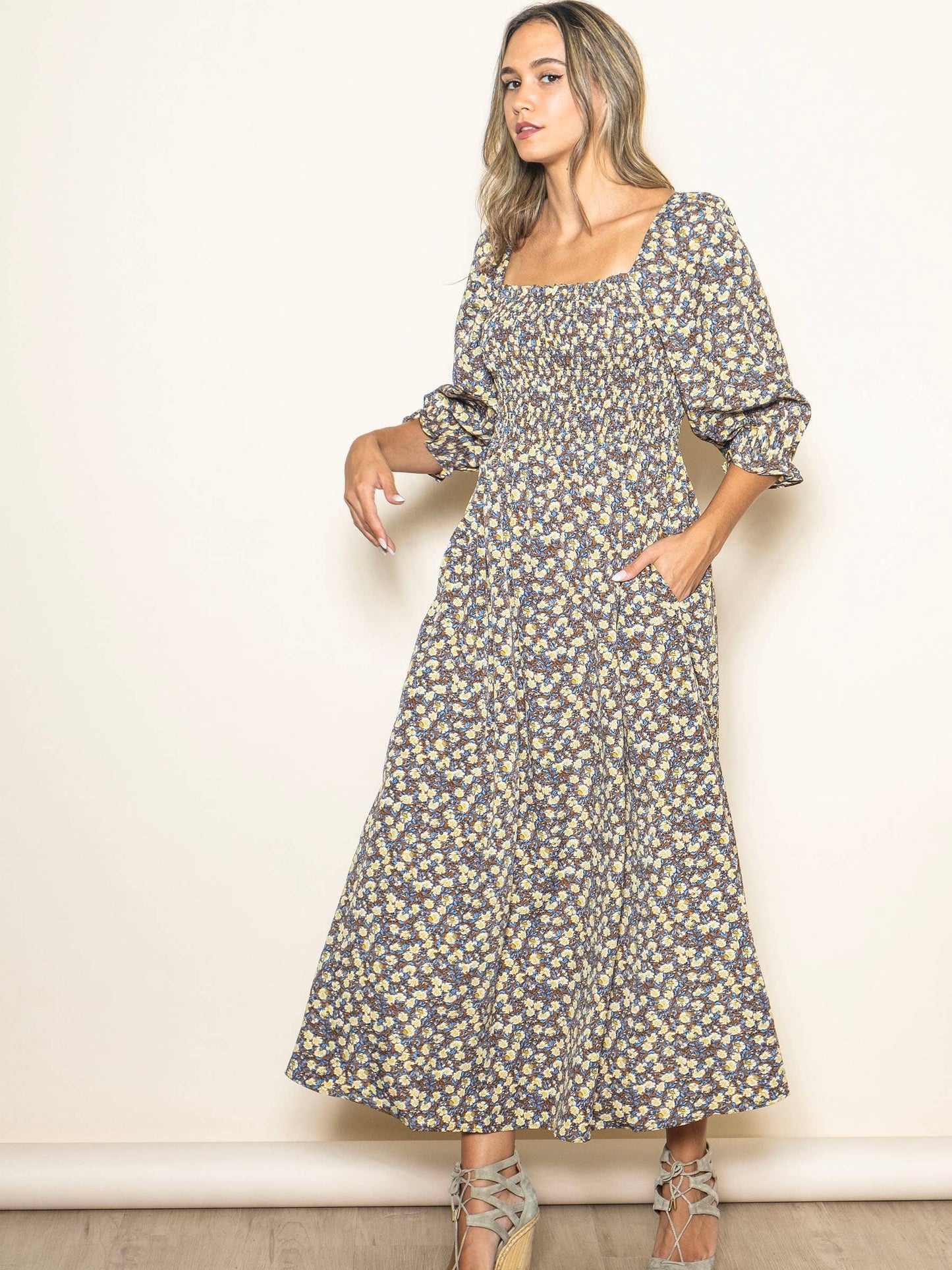 Floral Print Ruffle Detail Smocked Maxi Dress with Pockets