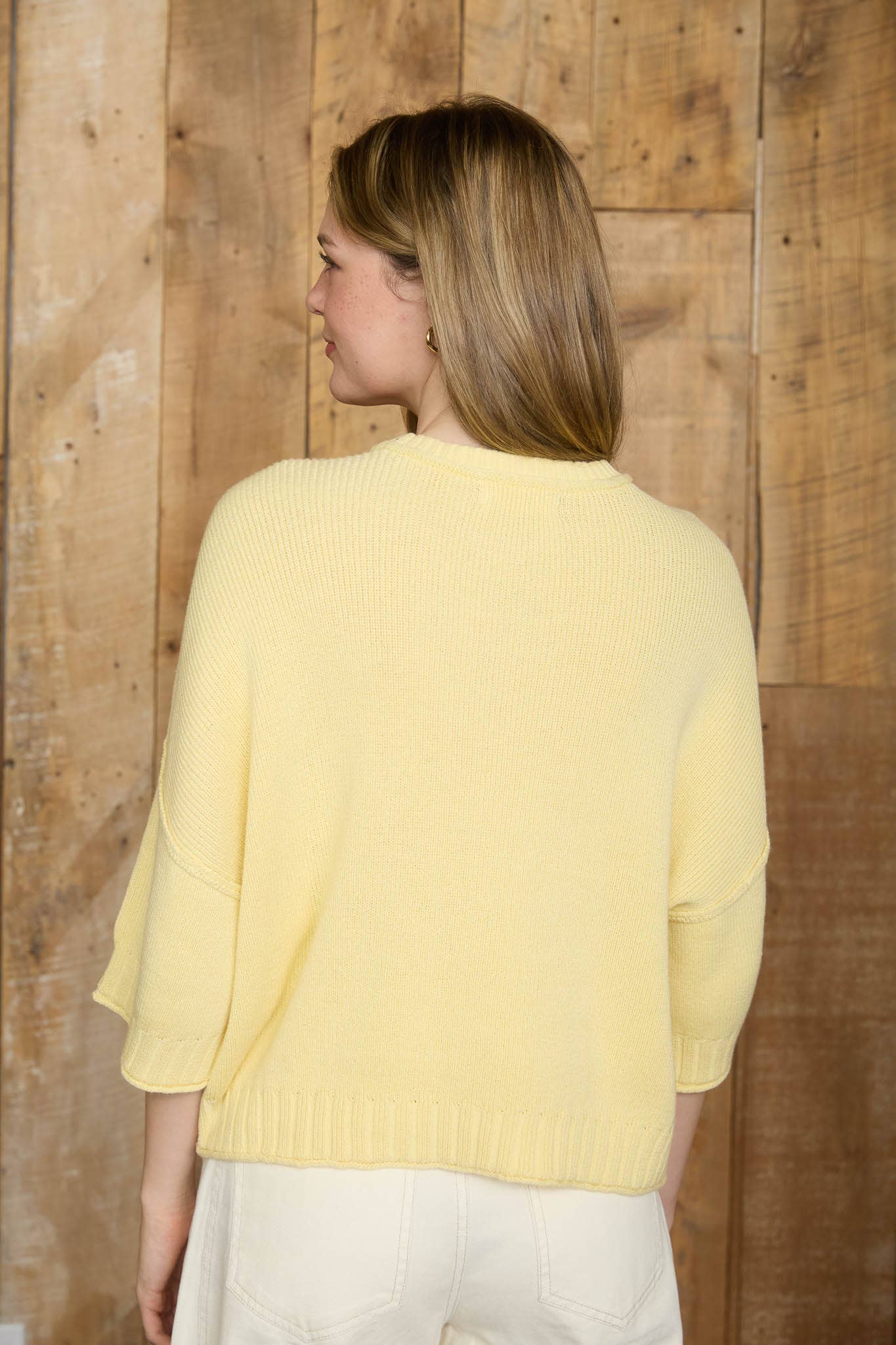 CREW NECK SHORT SLEEVE DROP SHOULDER KNIT SWEATER