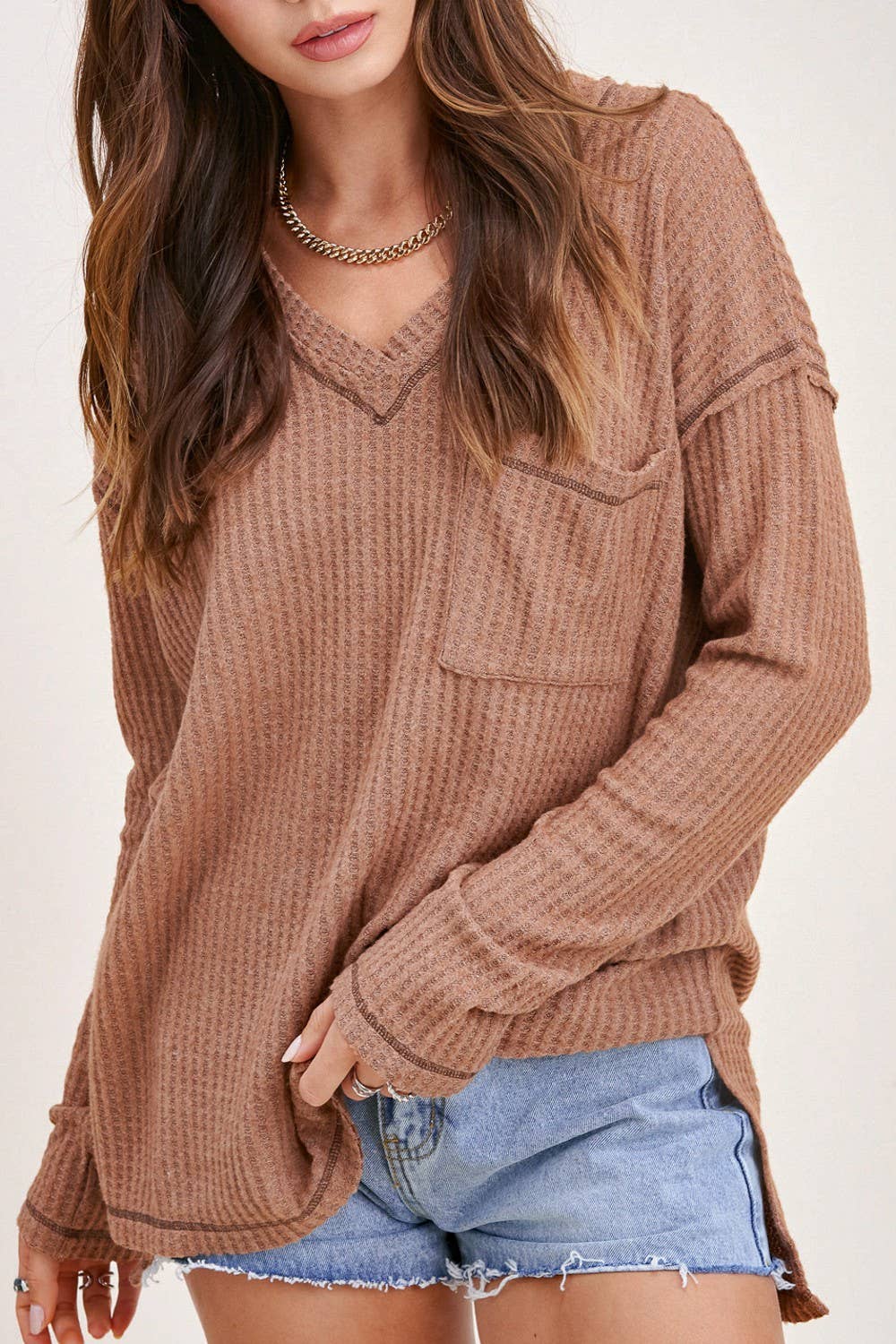 JAT7555-Stretchy Brushed Waffle V-neck Long Sleeve Top