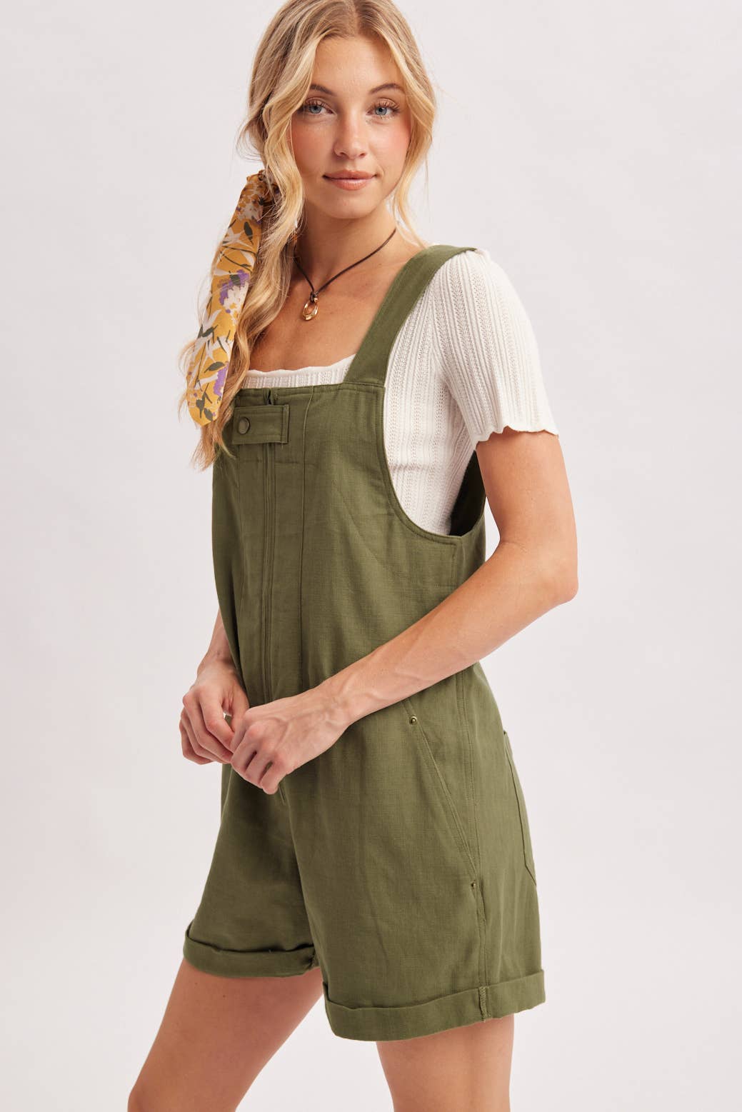 ZIPPER FRONT SNAP BUTTON SQUARE NECK SHORTALLS