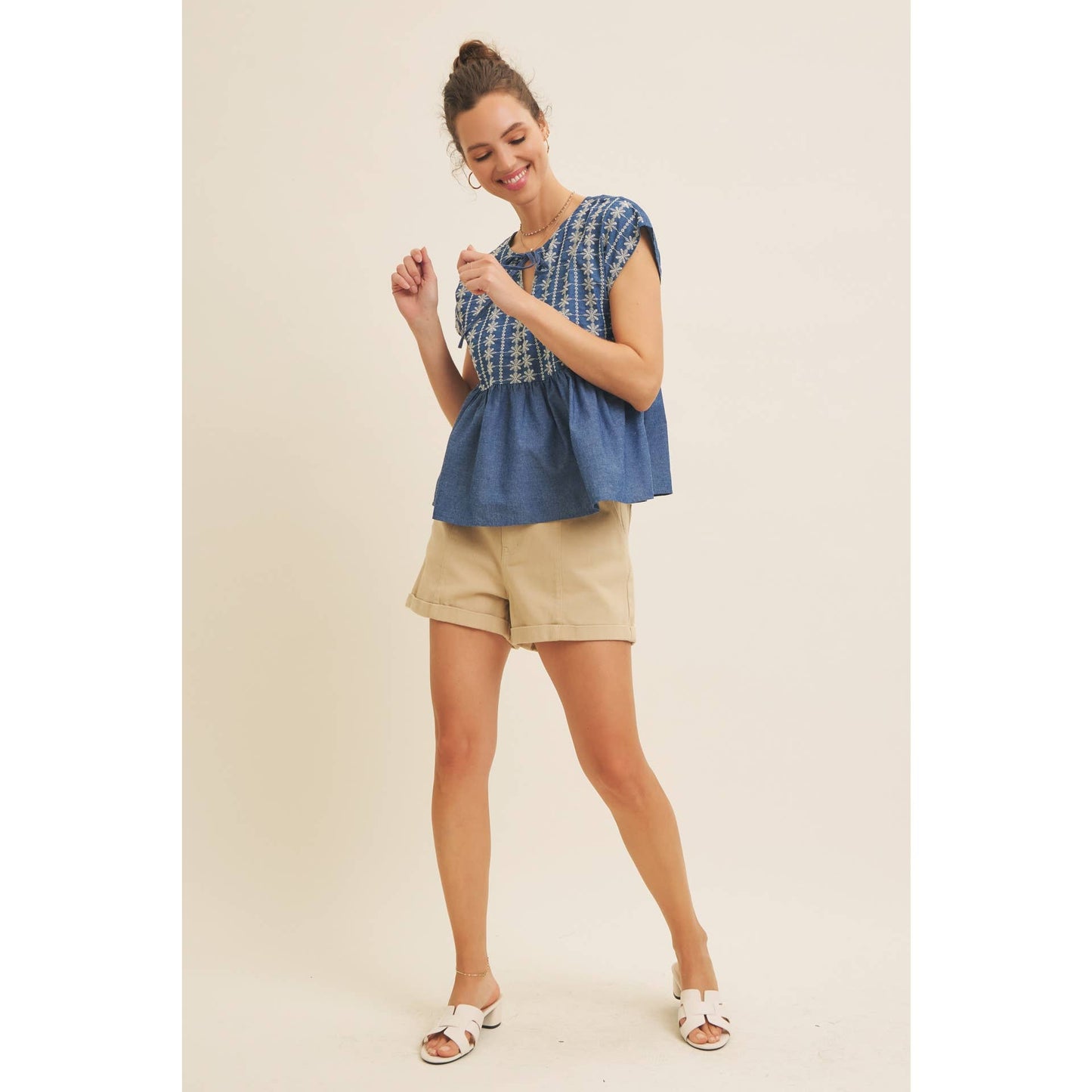 EMBROIDERY BABYDOLL DENIM BLOUSE TOP WITH ROUND SPLIT NECK