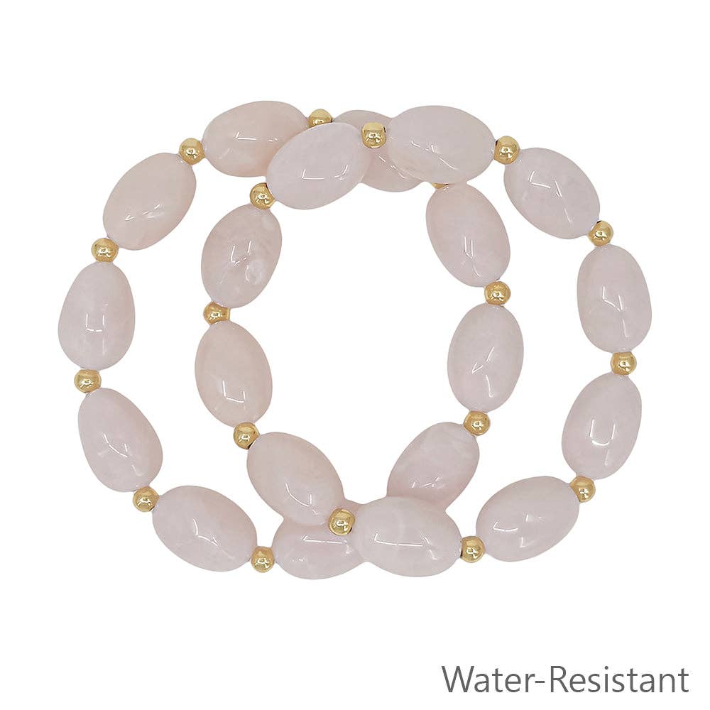 What's Hot - Set of 2 Light Pink Oval Acrylic and Gold Beaded Stretch Bracelets