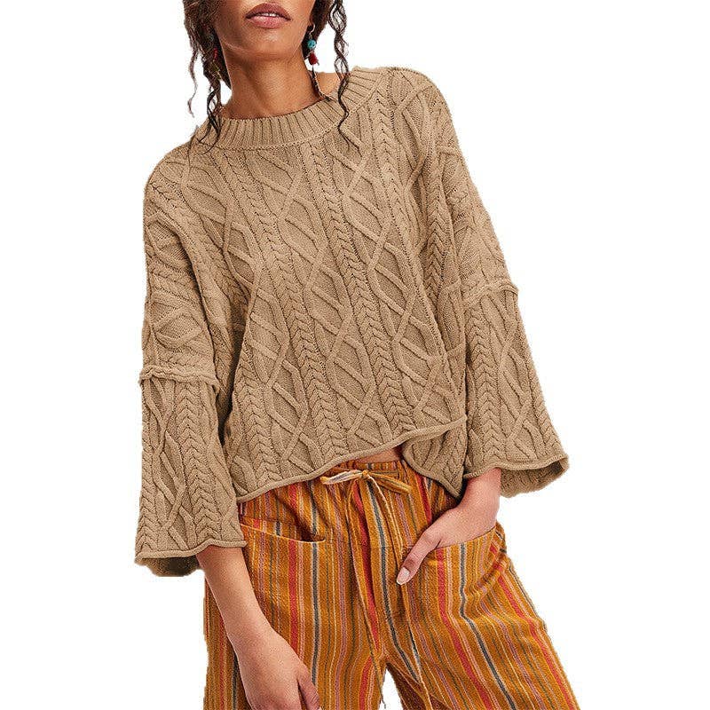 Chunky Cable Knit Crop Sweater–Loose Boho Crewneck Pullover