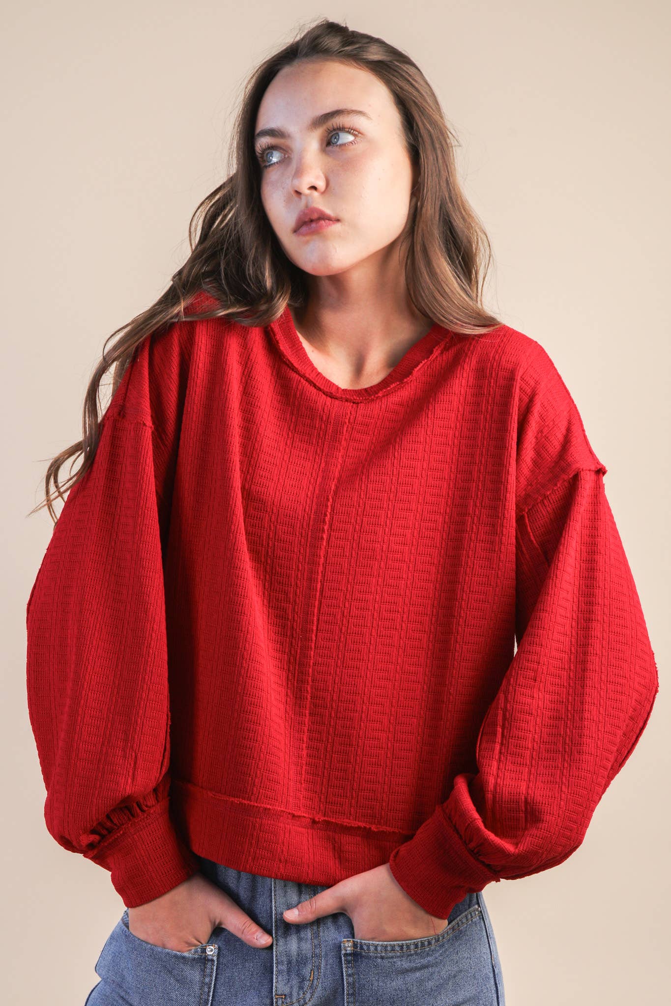 VERY J - NT12413-Raw Edge Detail Oversized Textured Knit Top