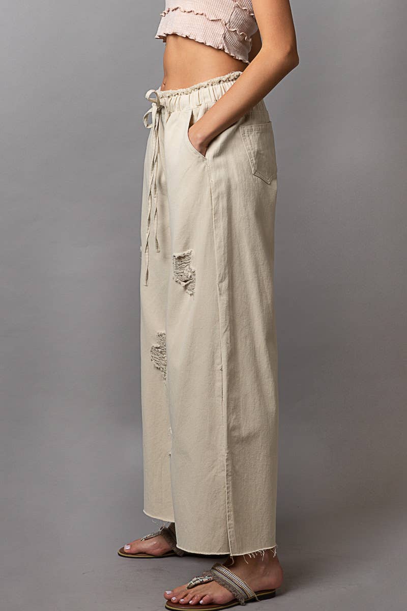 Wide Leg Drawstring Elastic Waist Distressed Denim Pants