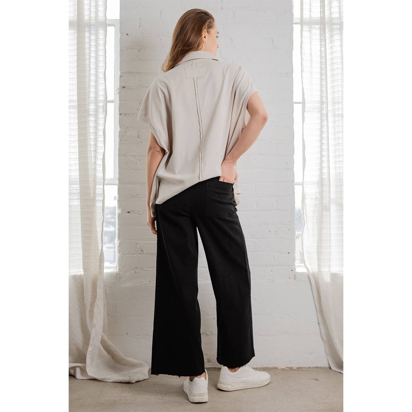 COTTON TWILL WIDE LEG ANKLE PANT