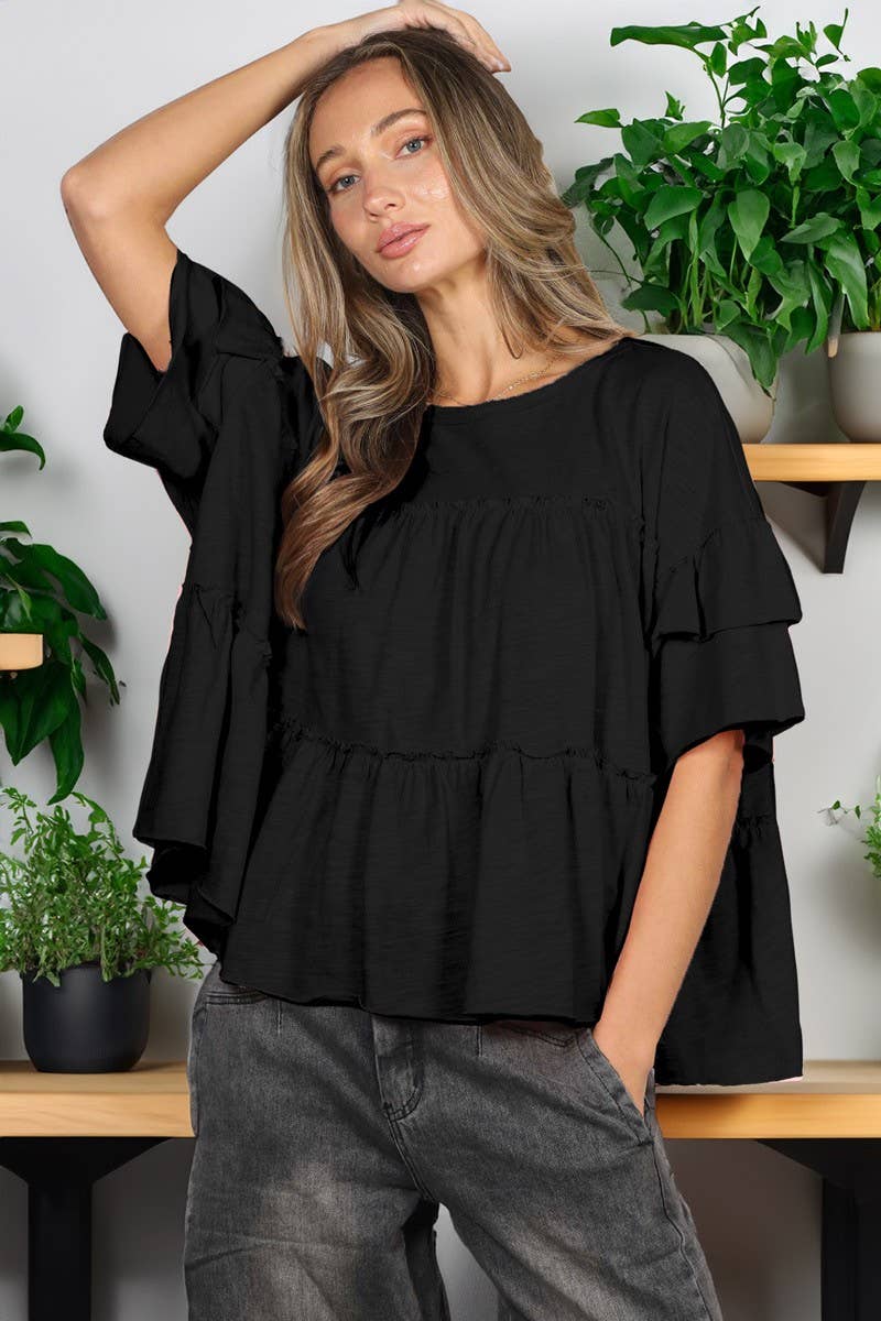 Vine & Love - Ruffle Tired Crew Neck 100%Cotton Top VT83163