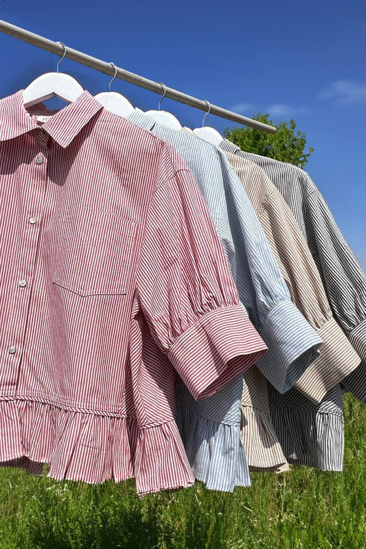 Pocket Detail Ruffle Hem 100%Cotton Striped Shirt VT82772A