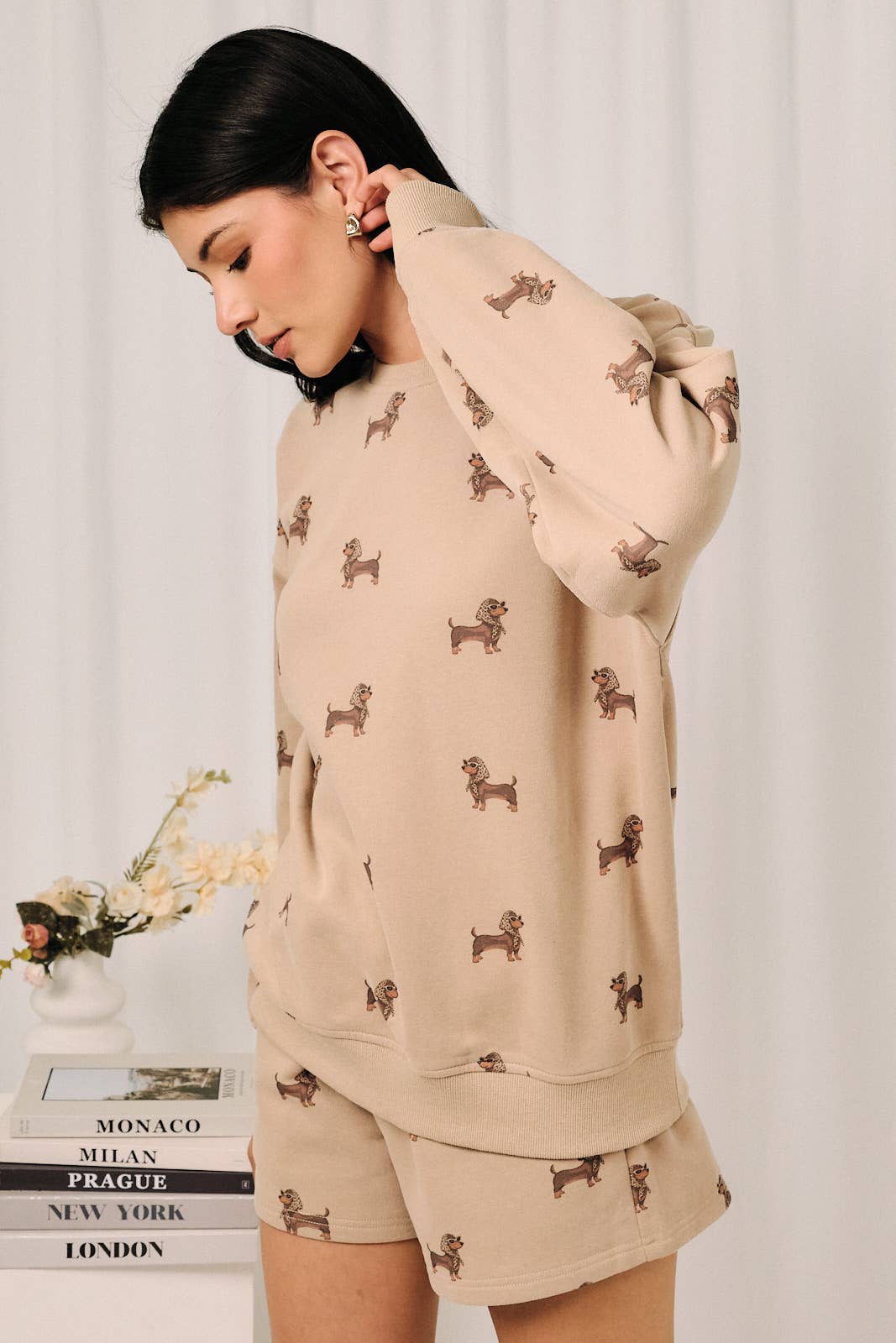 ROUND NECK LONG SLEEVE WEENIE ALL OVER PRINT SWEATSHIRT