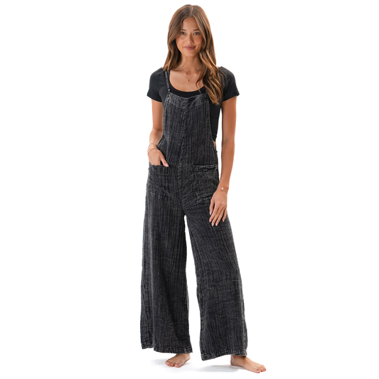 Vintage Black Cotton Nomad Jumpsuit with Adjustable Straps