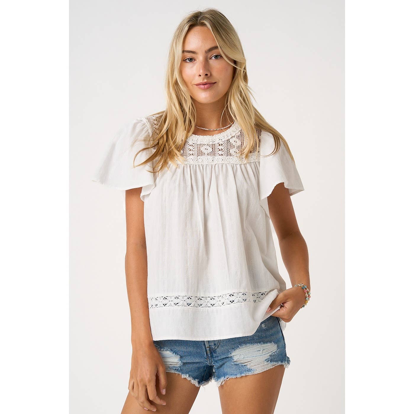 mittoshop - LACE DETAIL SHORT FLUTTER SLEEVE TOP
