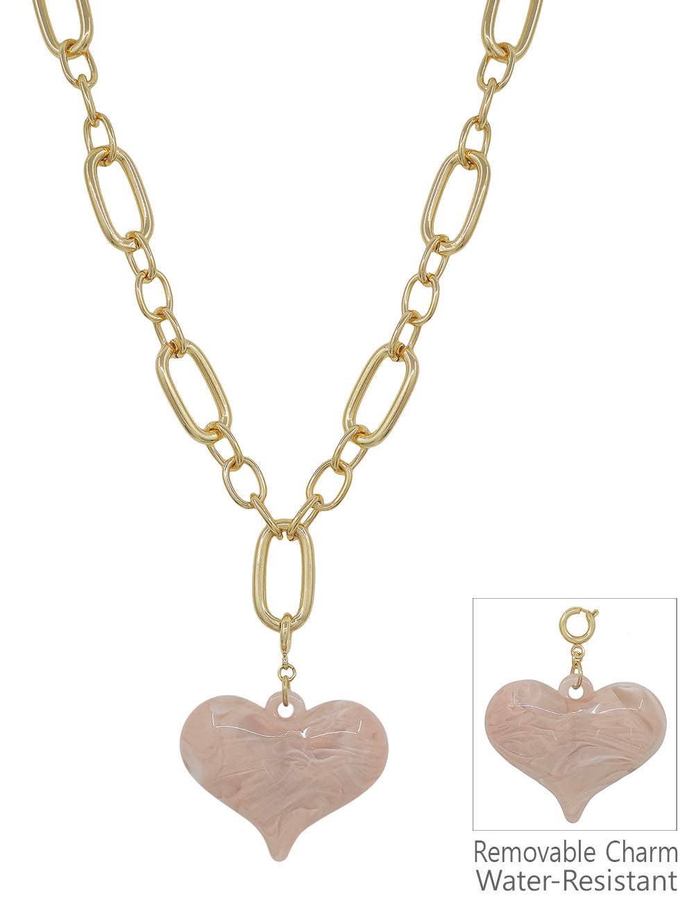 What's Hot - Water resistant Gold Chunky Chain with Pink Resin Heart 16"-18" Necklace