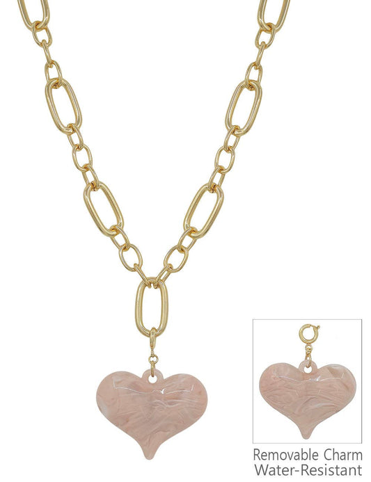 What's Hot - Water resistant Gold Chunky Chain with Pink Resin Heart 16"-18" Necklace