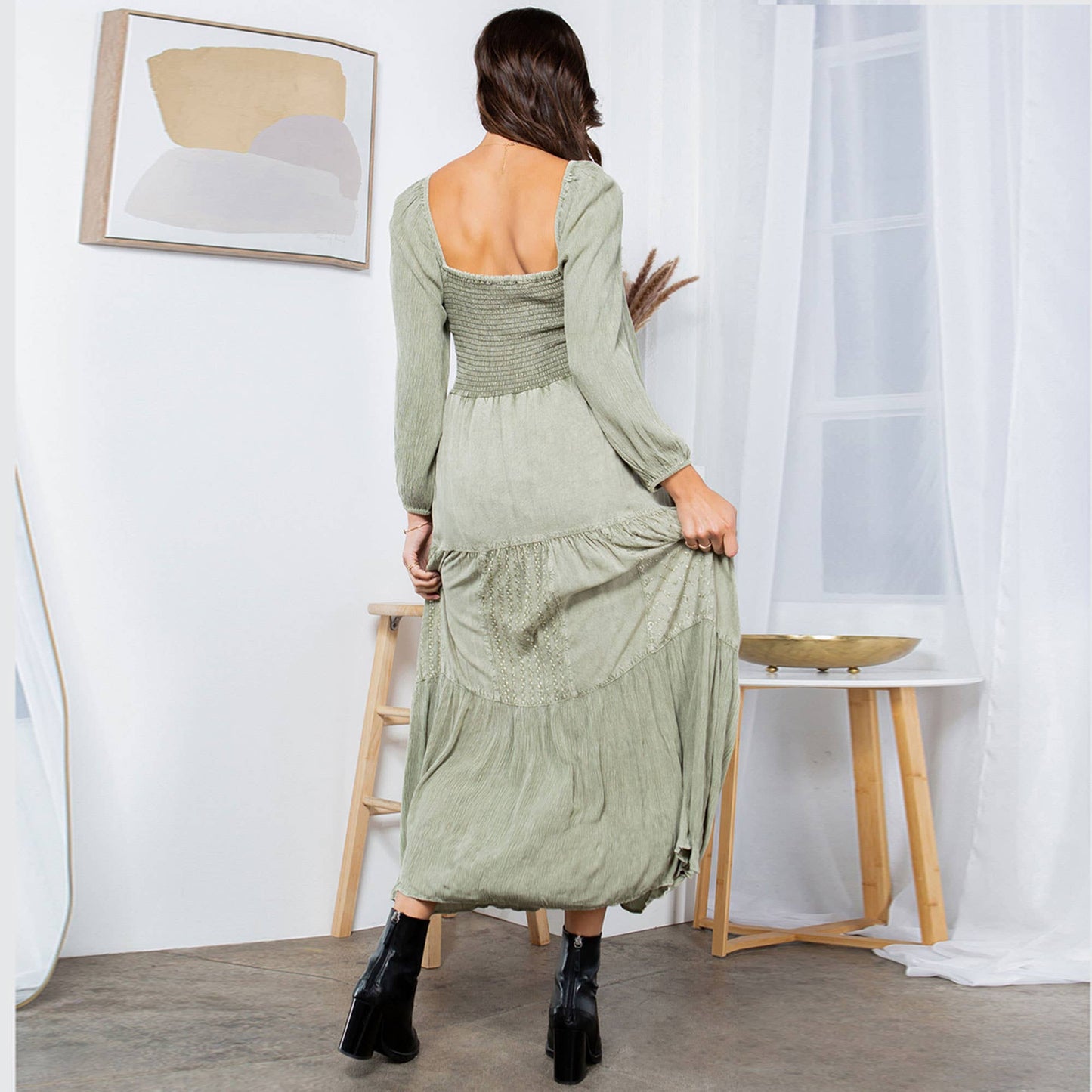 Embroidered Empire Mid-Length Dress (New Color)