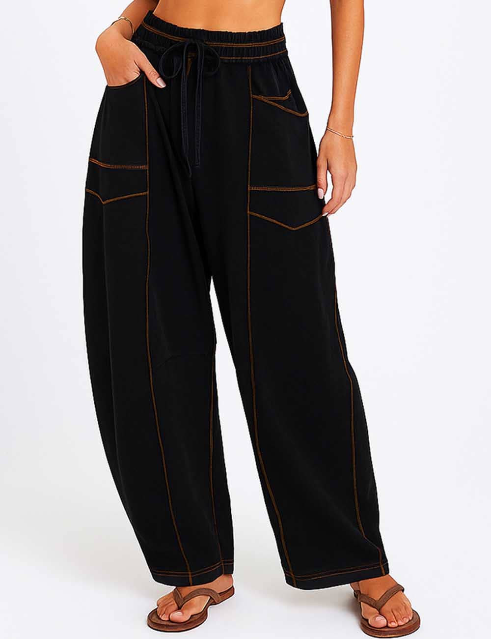 Ladies Contrast Stitching Elastic Waist Drawstring Barrel Pants