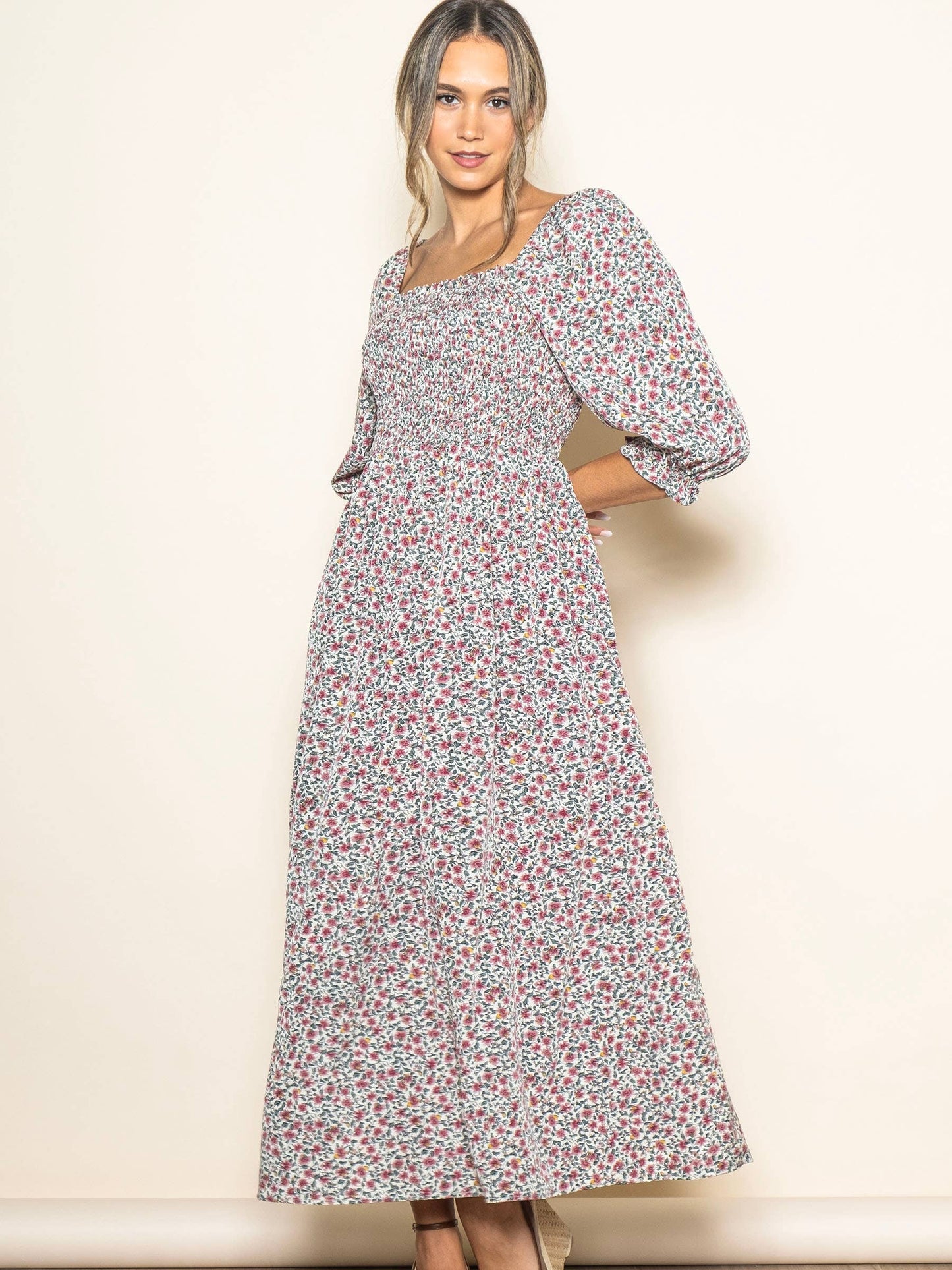 Floral Print Ruffle Detail Smocked Maxi Dress with Pockets
