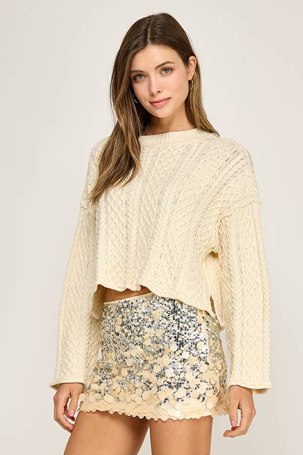 CROPPED CABLE KNIT PULLOVER