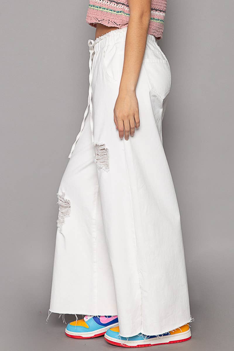 Wide Leg Drawstring Elastic Waist Distressed Denim Pants