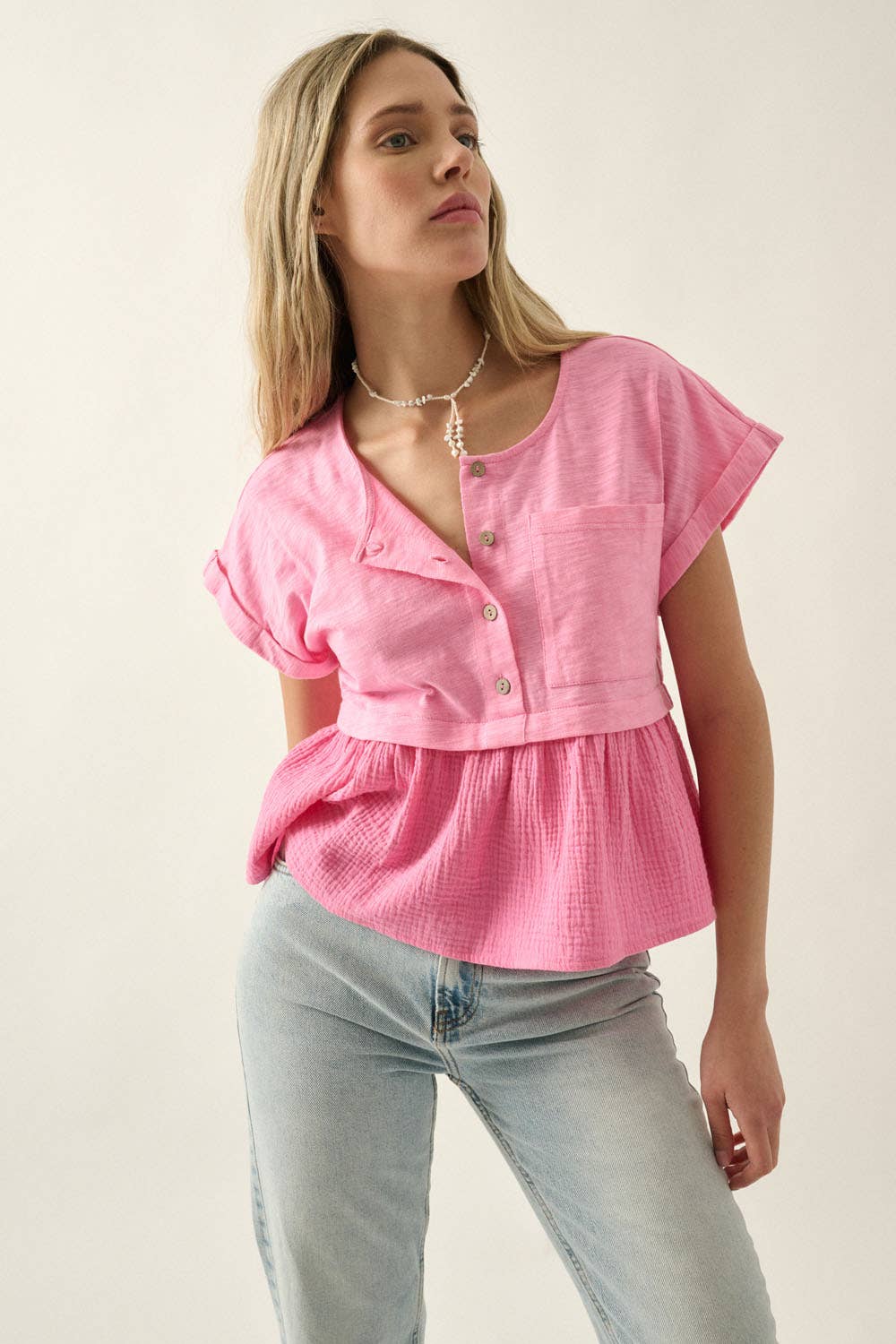 Slub Knit Crinkle Cotton Half-Button Babydoll Top