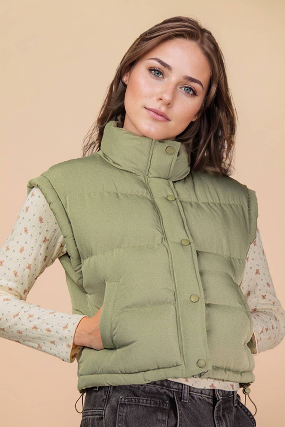 NJ90283-Mock Neck Casual Puffer Vest