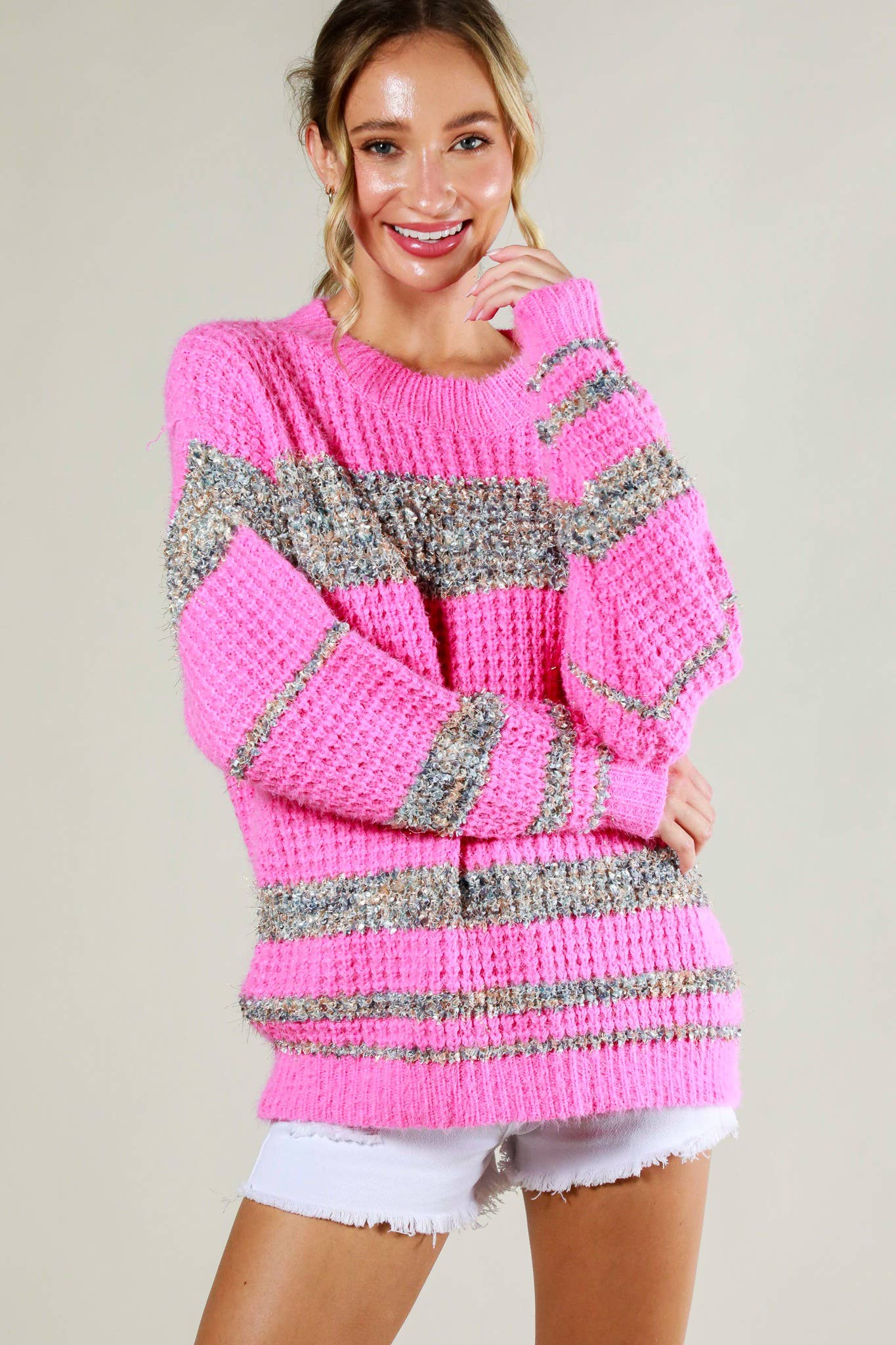 Tweed Color Block Round Neck Casual Knitted Sweater VT51540