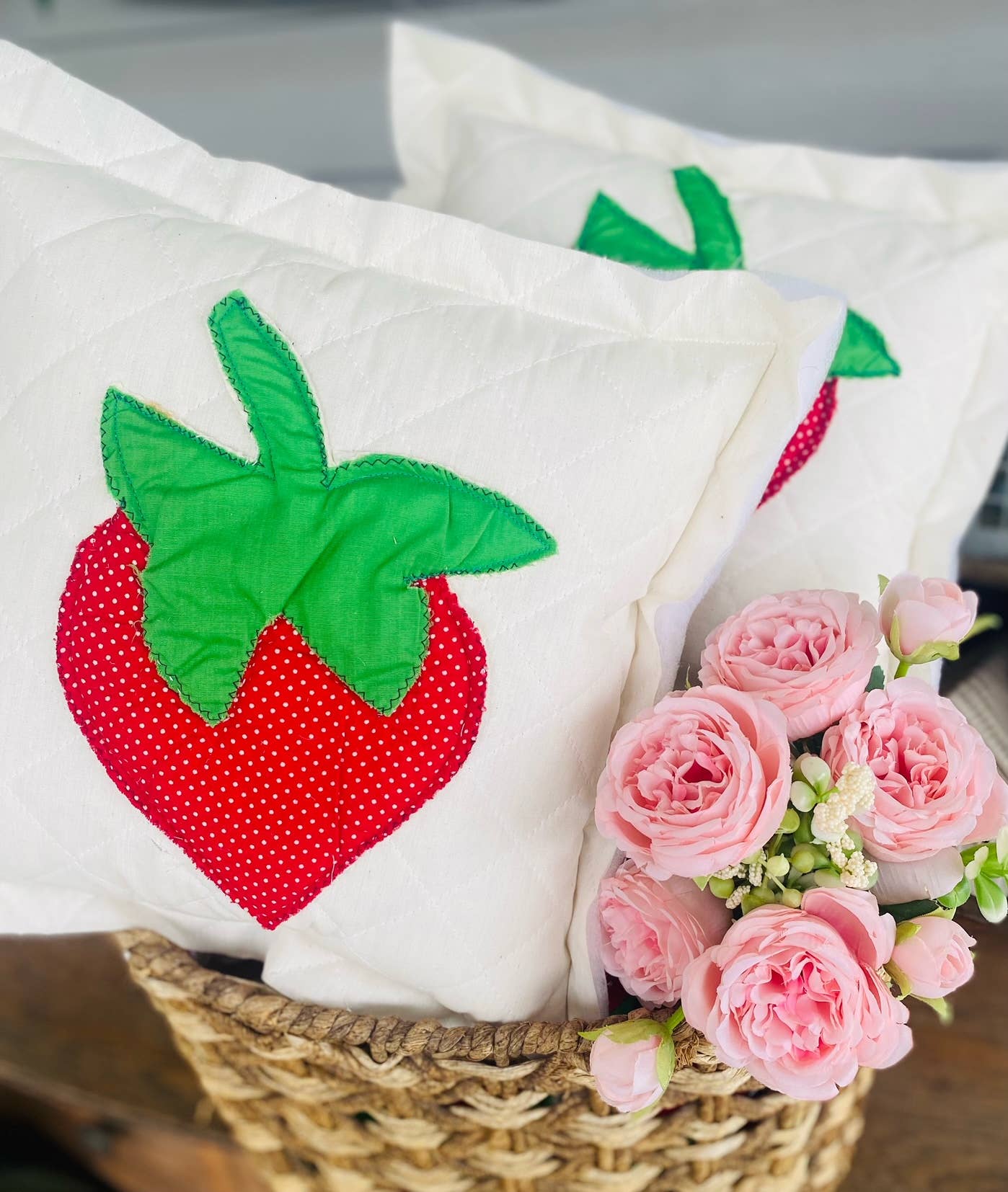 A Gnome on the Roam - Handcrafted Mini Upcycle Pillow Vintage Quilted Strawberry