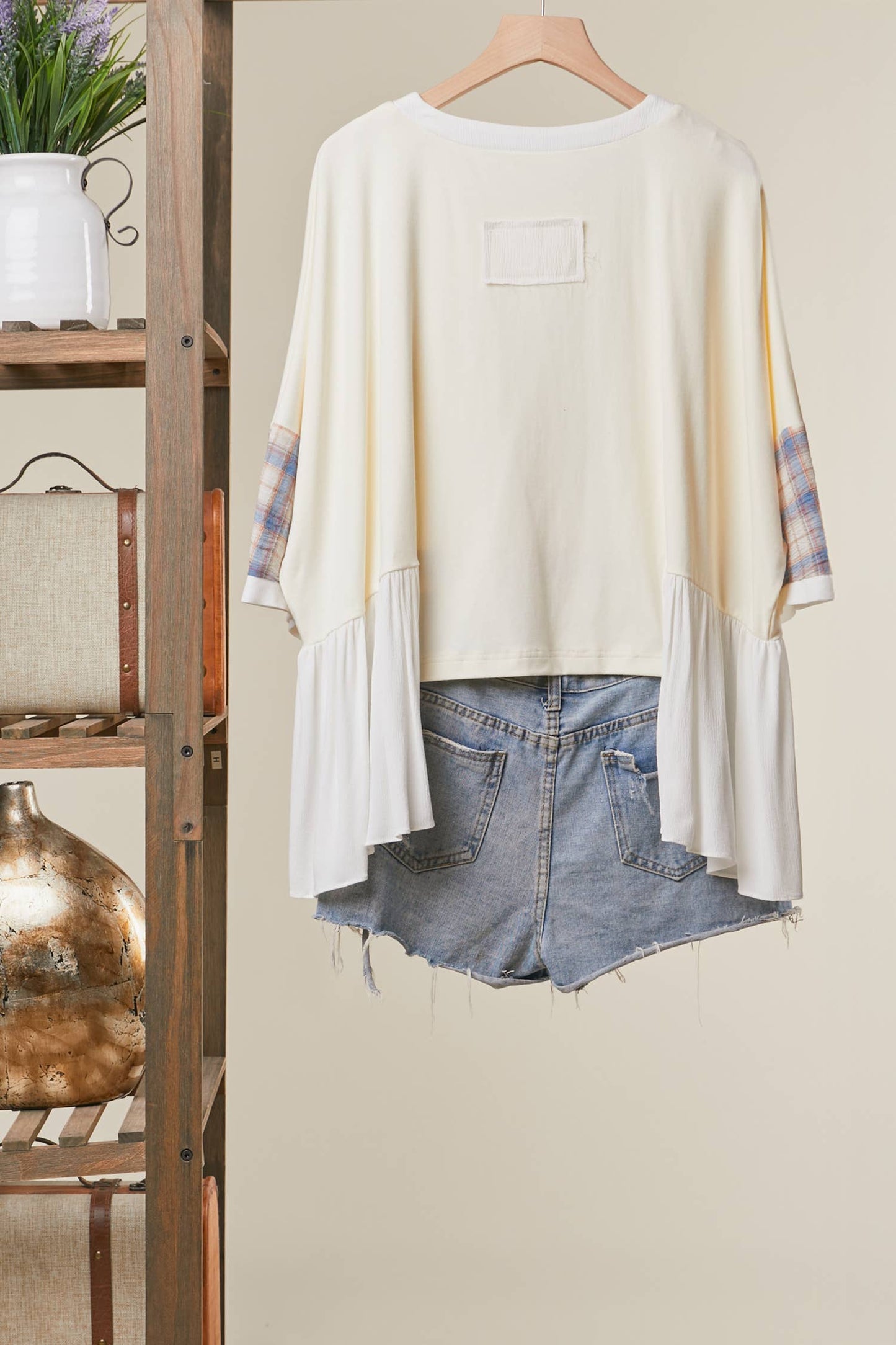 Mello. - Patchwork Motif Knit Top Sheer Layered Sleeves