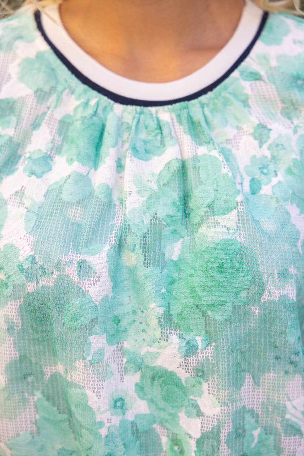 VOY - 36717 Stripe Ribbed Knit Band Floral Textured Top