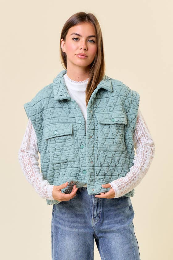 QUILTED POINT COLLAR FLAP PATCHED POCKET VEST - 10626J-1