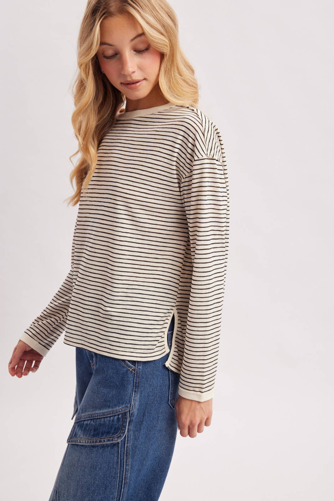 OVERSIZED BOXY STRIPED KNIT LONG SLEEVE TOP
