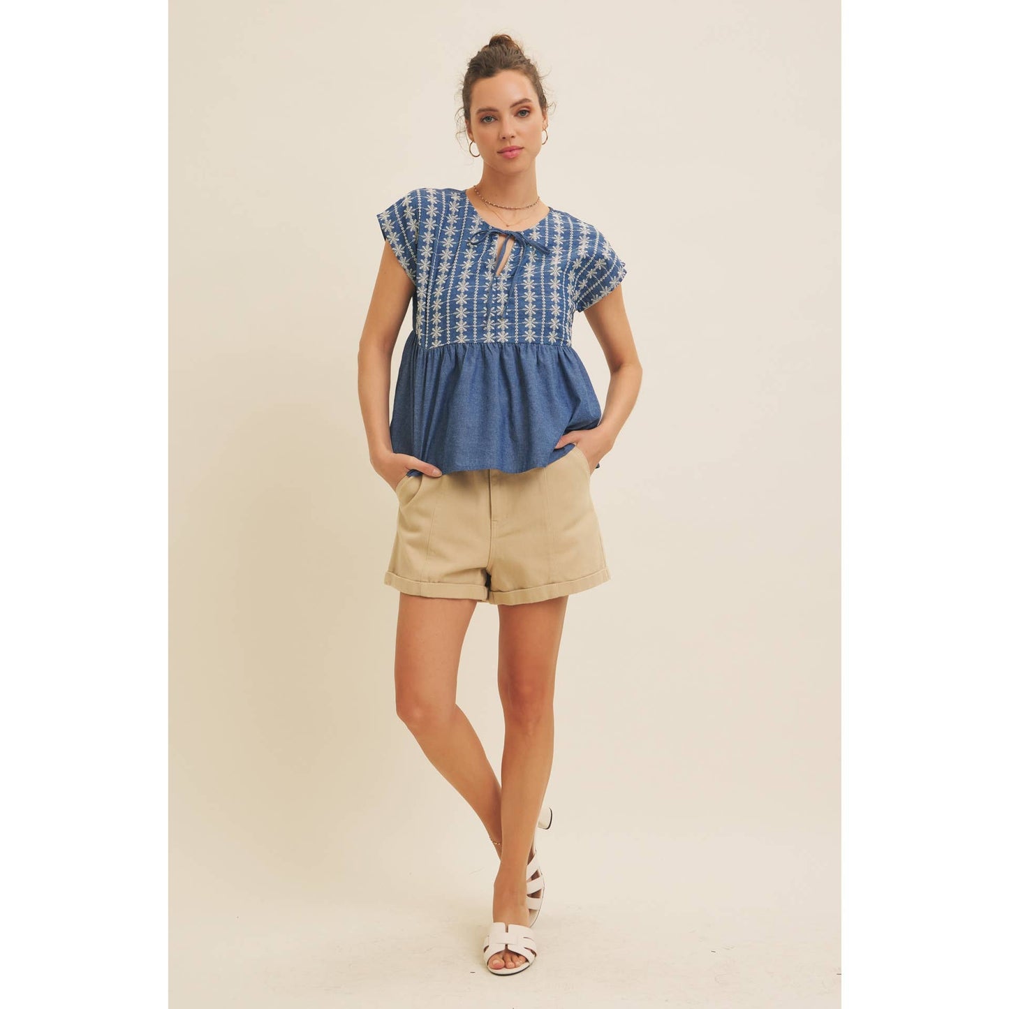 EMBROIDERY BABYDOLL DENIM BLOUSE TOP WITH ROUND SPLIT NECK
