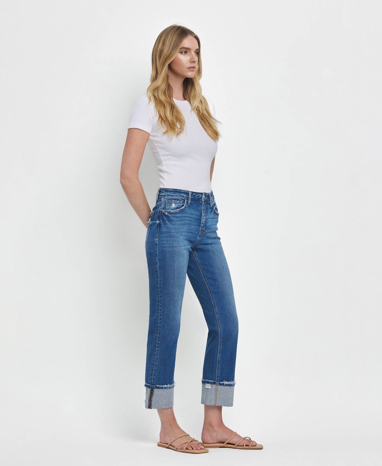 HIGH RISE CUFFED STRAIGHT JEANS T6600