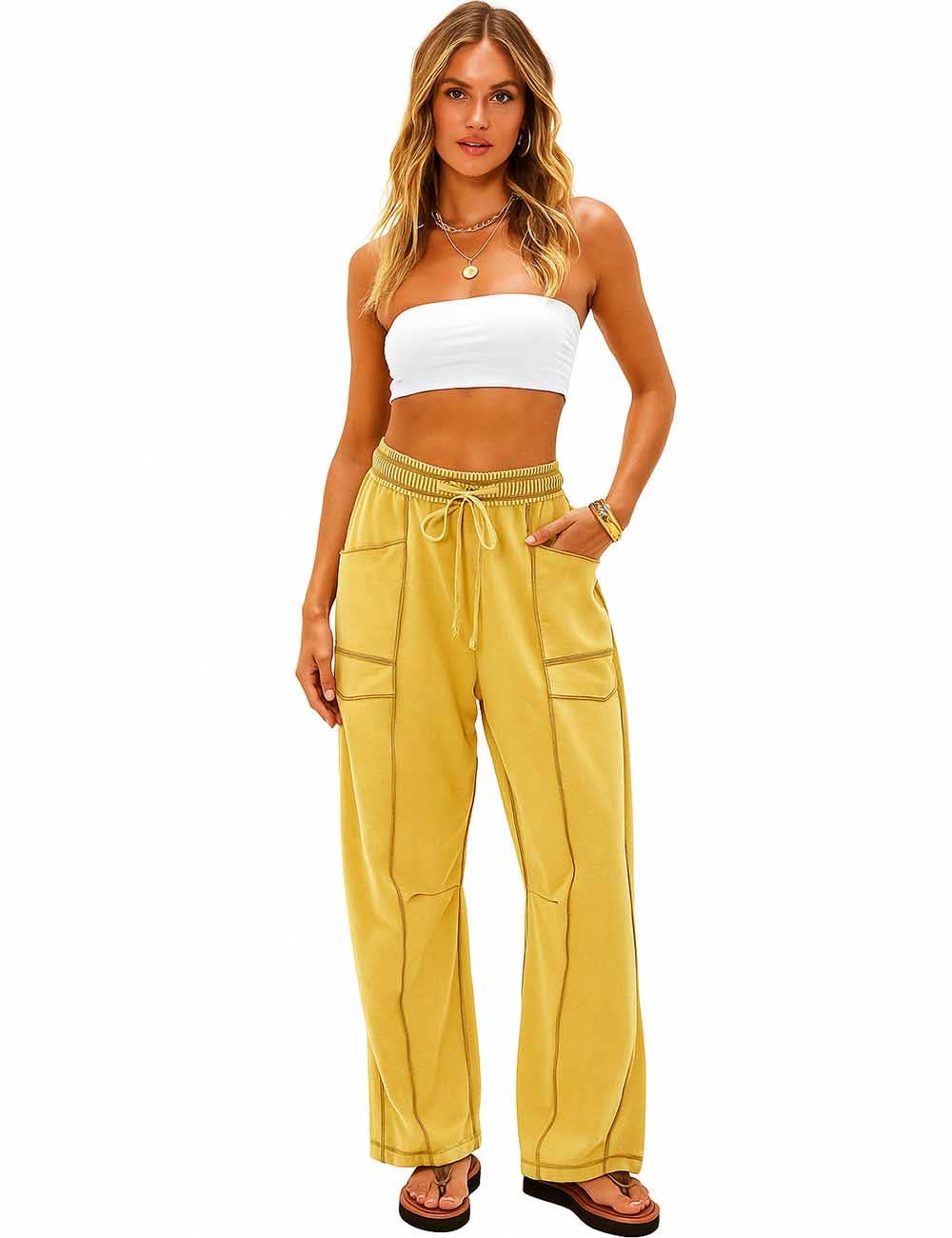 Ladies Contrast Stitching Elastic Waist Drawstring Barrel Pants