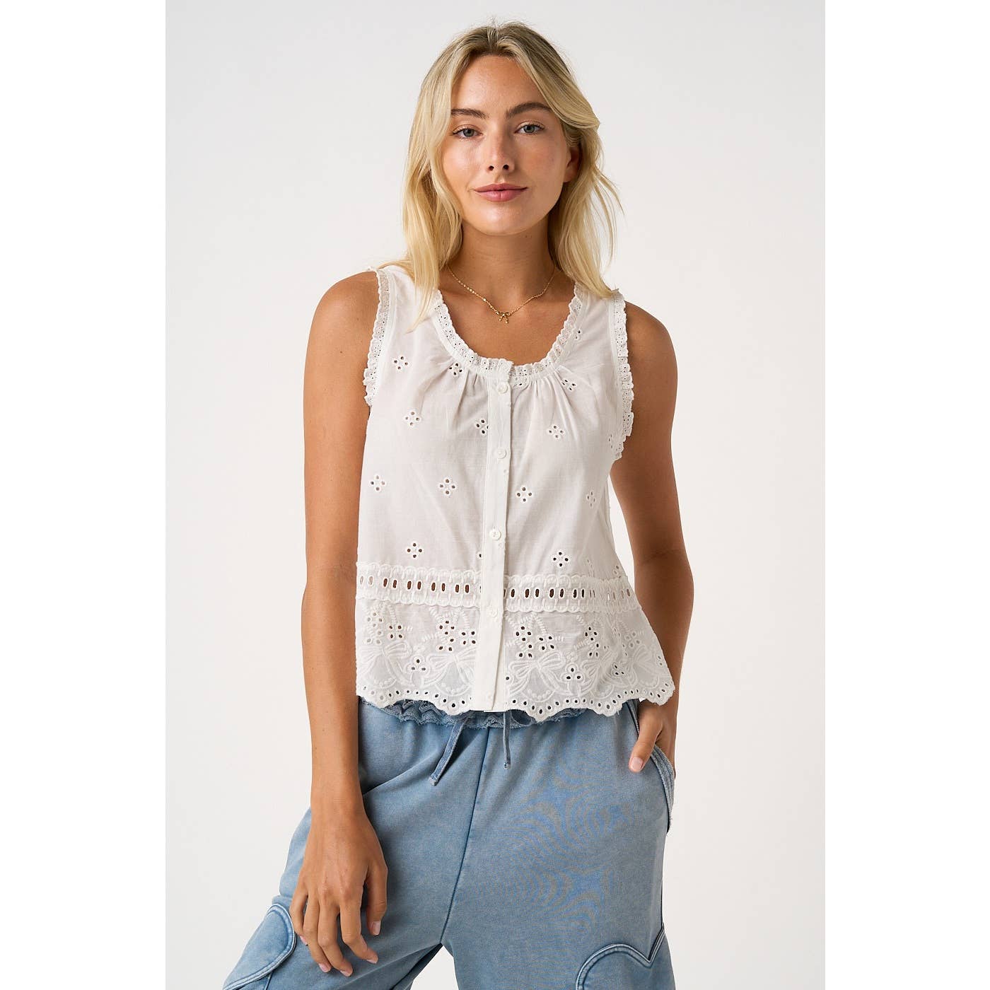 mittoshop - EMBROIDERED EYELET BUTTON FRONT TANK TOP