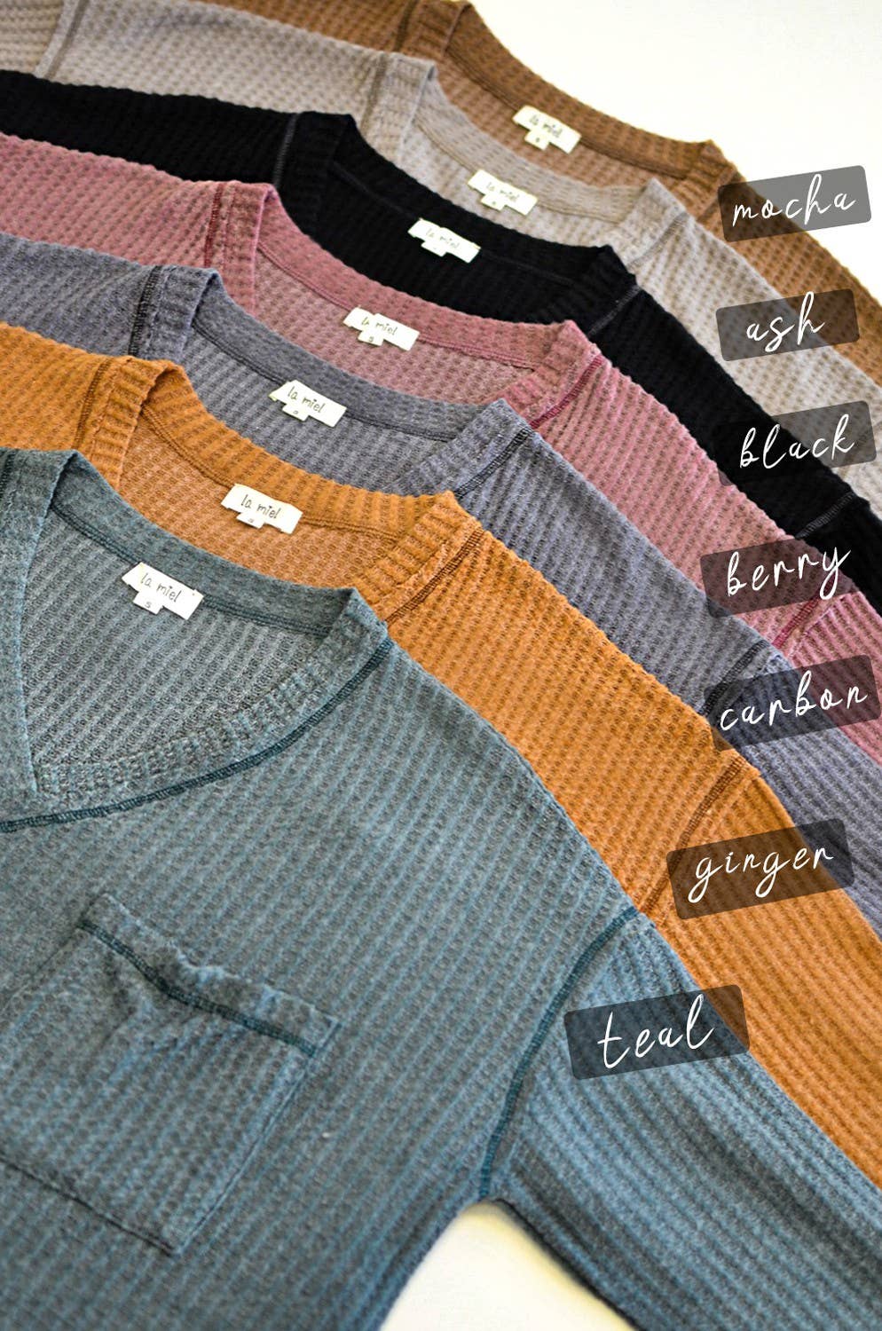 JAT7555-Stretchy Brushed Waffle V-neck Long Sleeve Top