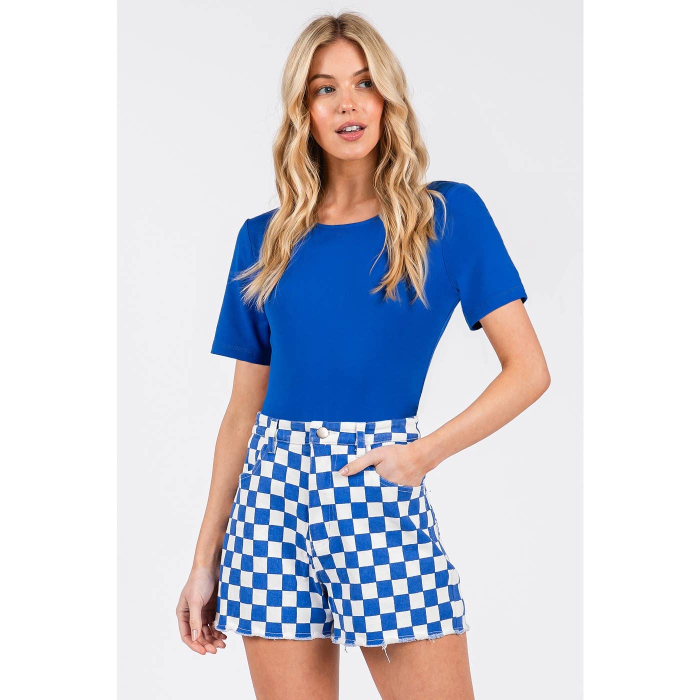 GAME DAY CHECKERED FRAYED HEM CASUAL SHORTS