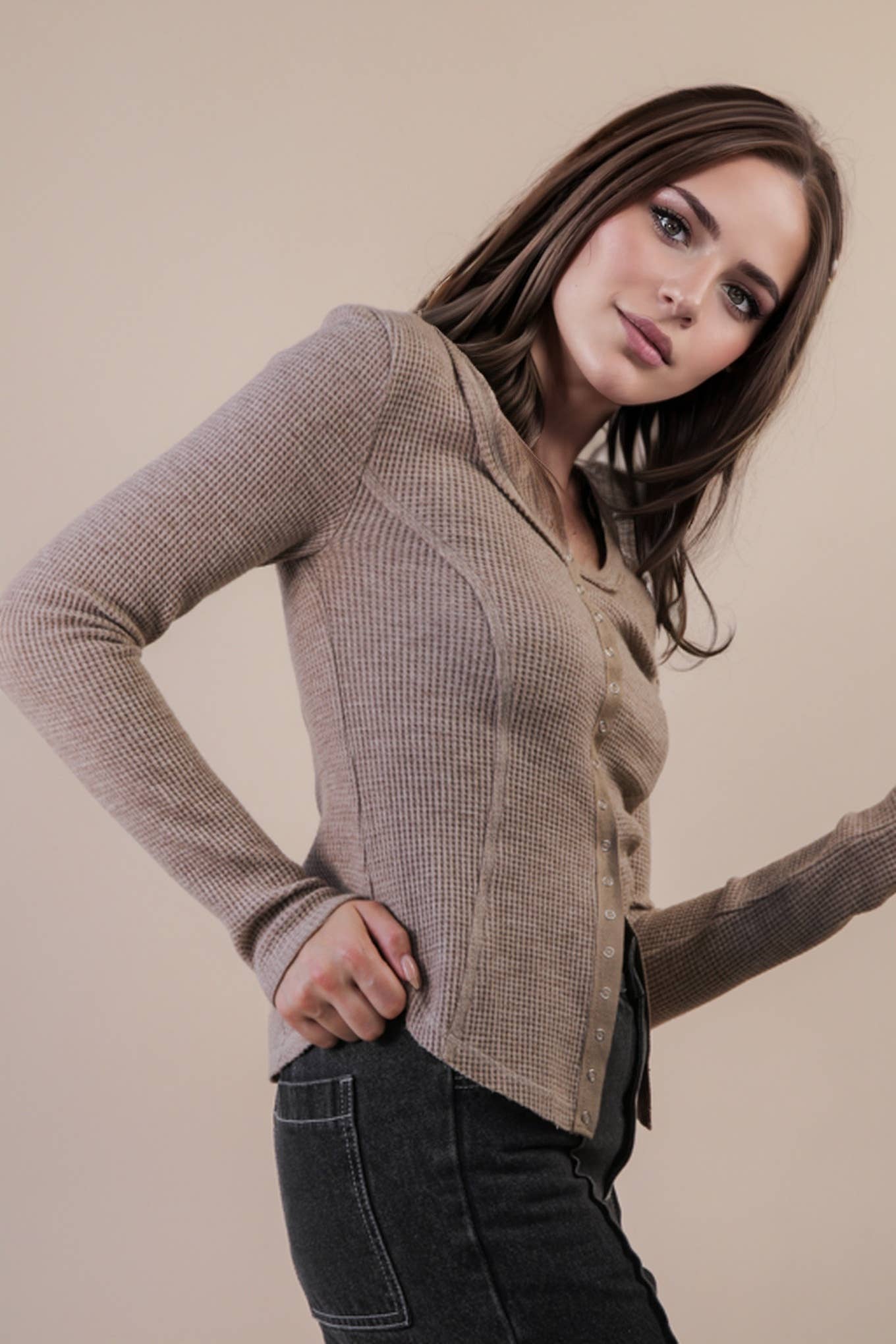 NT12243-Button Down Fitted Knit Casual Top