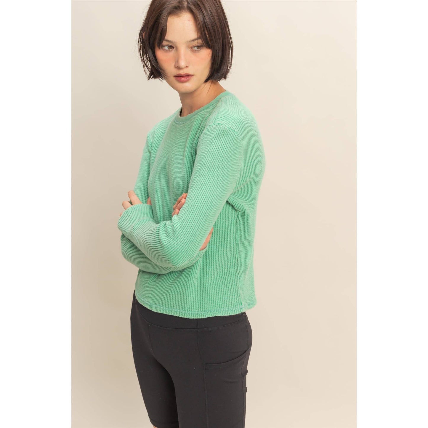 Mineral Wash Waffle Knit Long Sleeve Top
