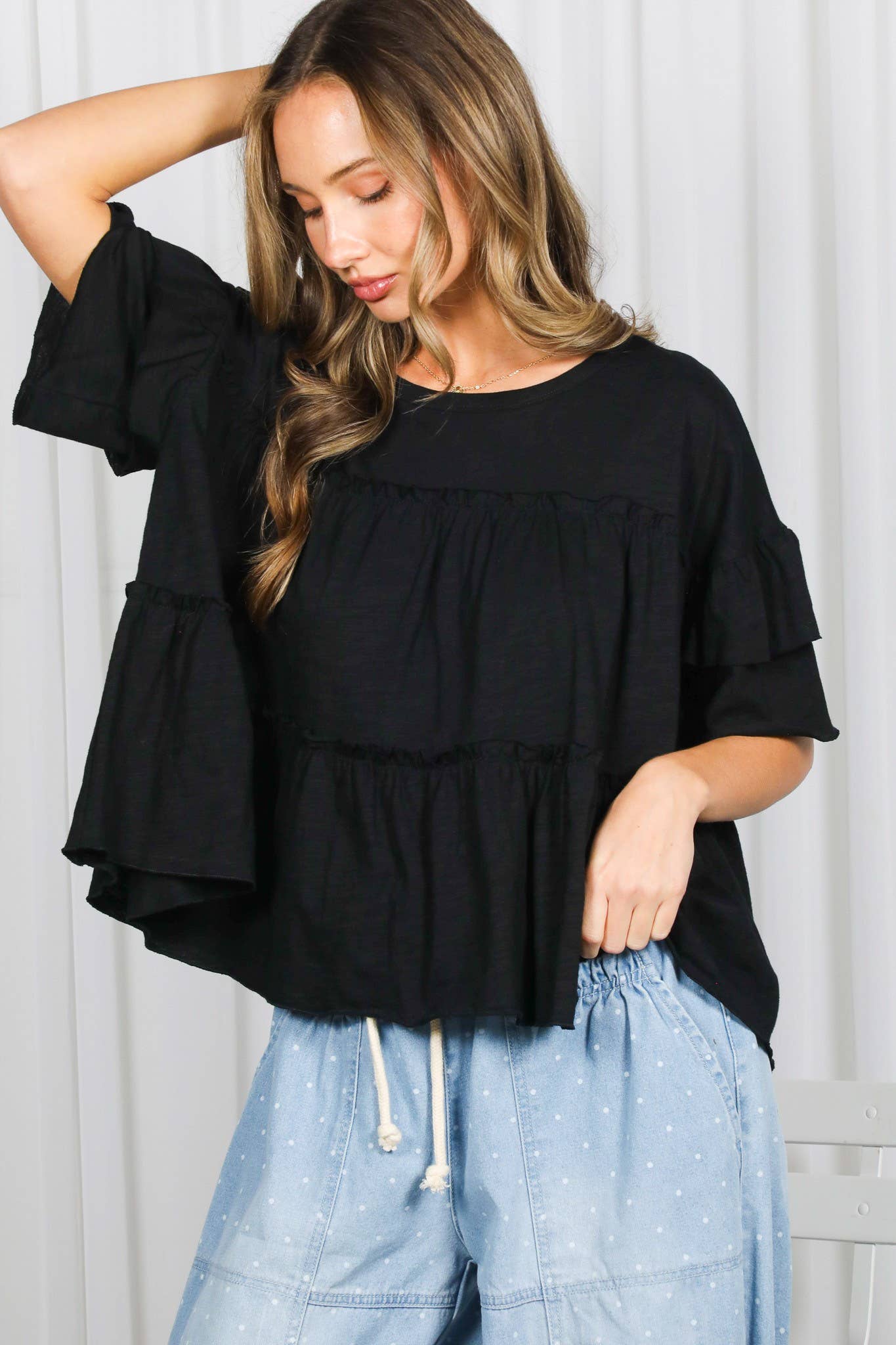 Ruffle Tired Crew Neck 100%Cotton Top VT83163