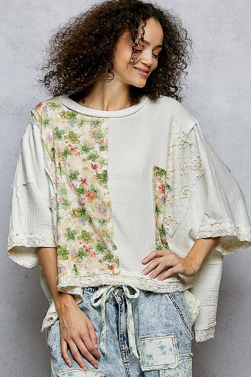 Round Neck Double Gauze Floral Woven Top